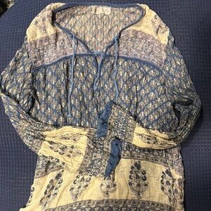 Vintage Bohemian Blue and Cream 3/4  Sleeve Top
